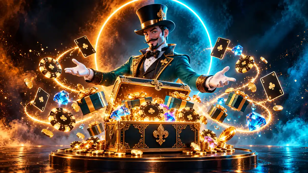 Betzino Casino bonus illustration with gifts, gold coins and a treasure chest