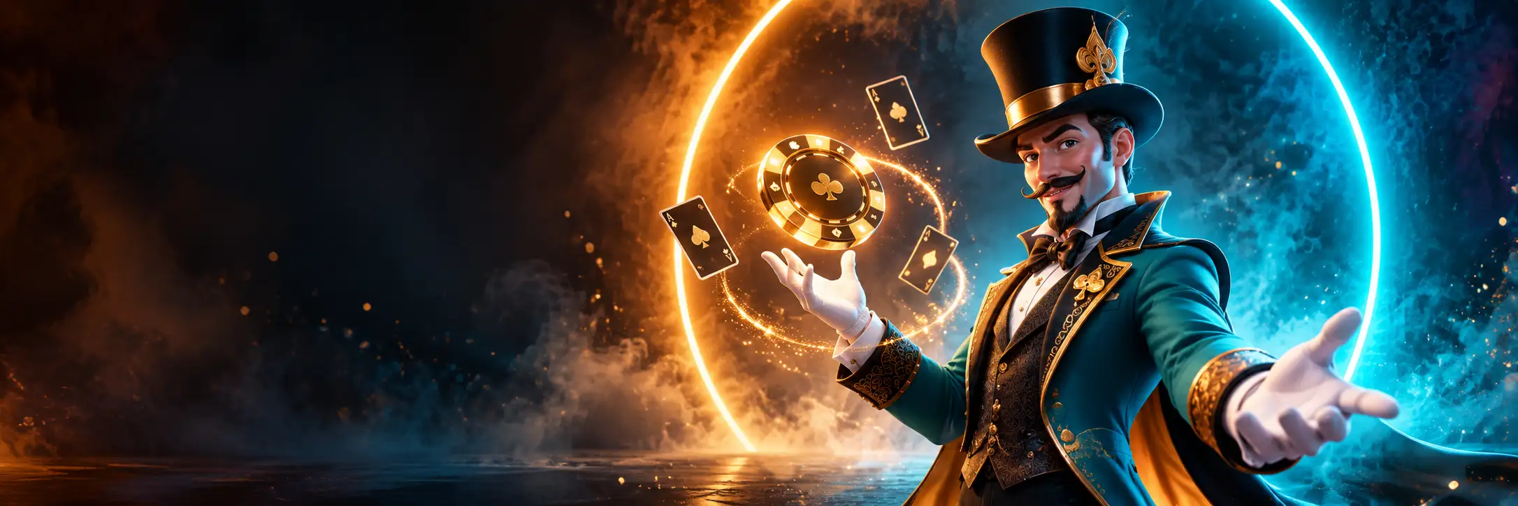 Betzino Casino magician with playing cards and a golden casino chip