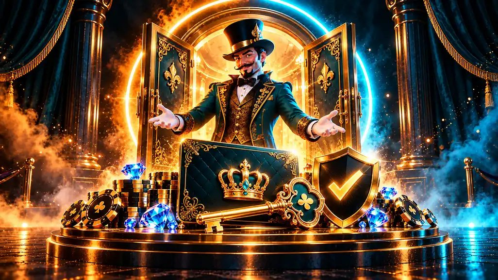 Betzino Casino login illustration with a golden key, shield and open doors